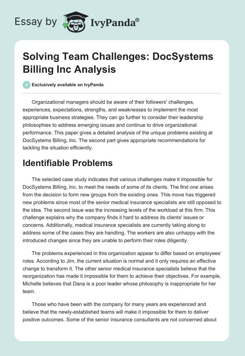 Solving Team Challenges: DocSystems Billing Inc. Analysis. Page 1