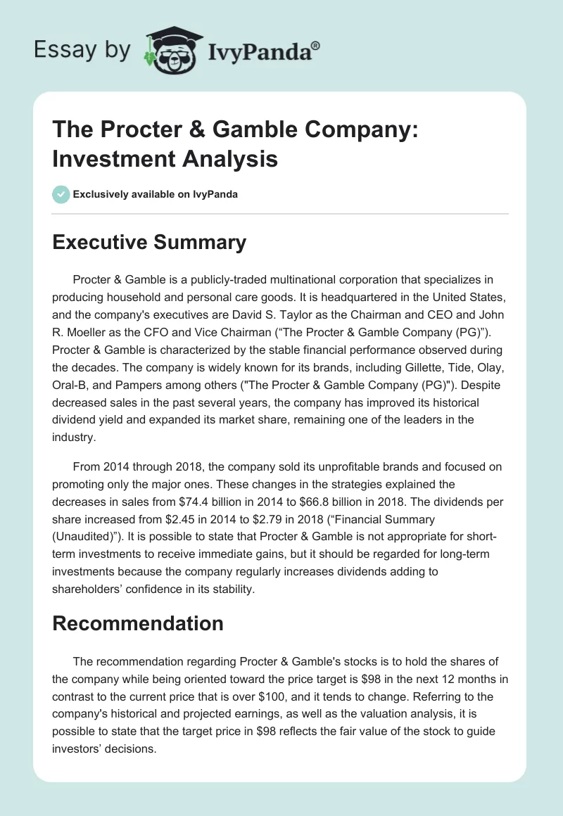 The Procter & Gamble Company: Investment Analysis. Page 1