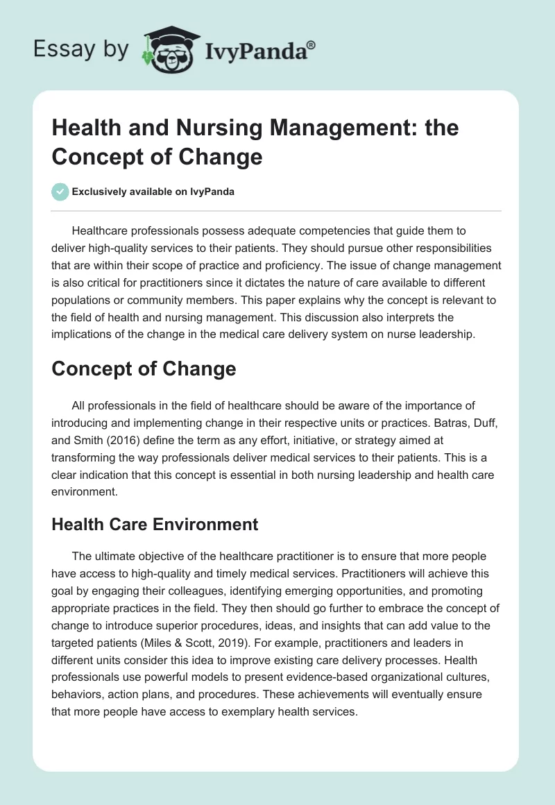 Health and Nursing Management: the Concept of Change. Page 1