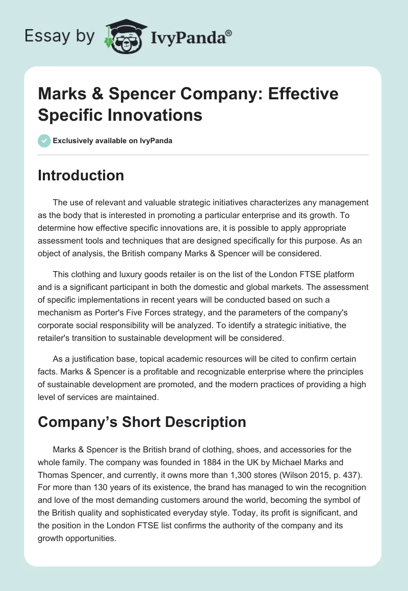 Marks & Spencer Company: Effective Specific Innovations. Page 1