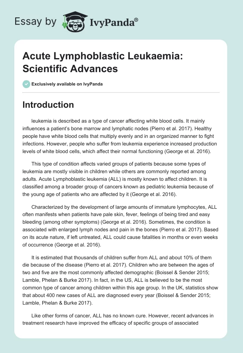 Acute Lymphoblastic Leukaemia: Scientific Advances. Page 1