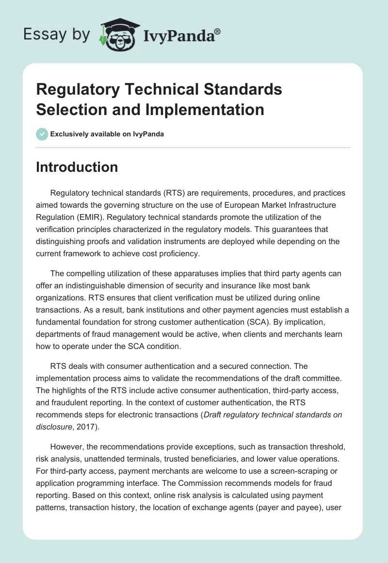 Regulatory Technical Standards Selection and Implementation. Page 1