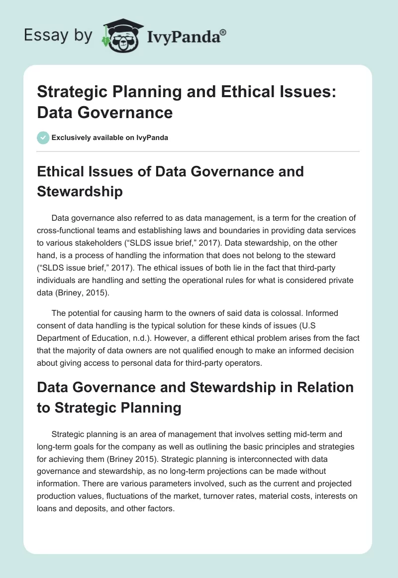 Strategic Planning and Ethical Issues: Data Governance. Page 1