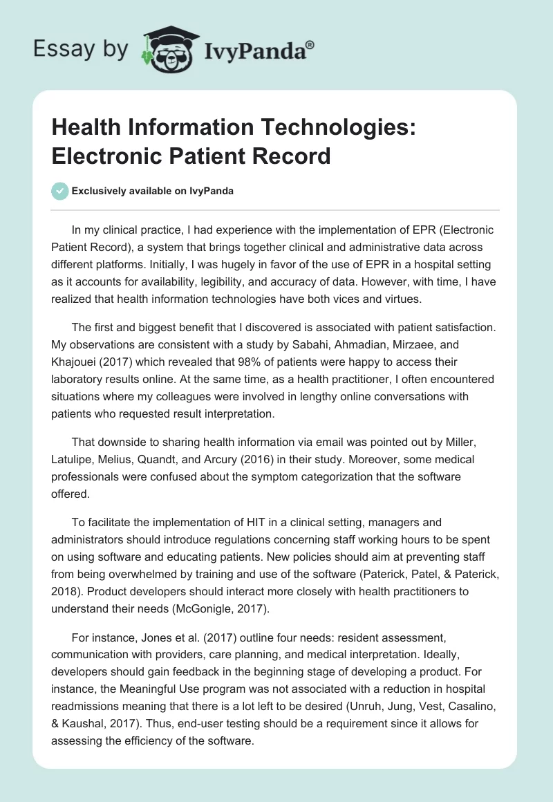 Health Information Technologies: Electronic Patient Record. Page 1