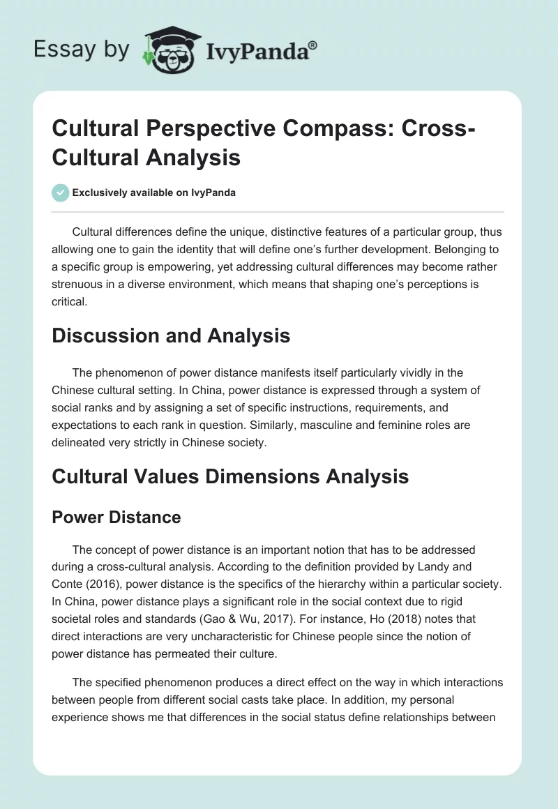 Cultural Perspective Compass: Cross-Cultural Analysis. Page 1