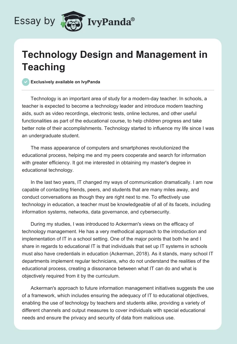 Technology Design and Management in Teaching. Page 1