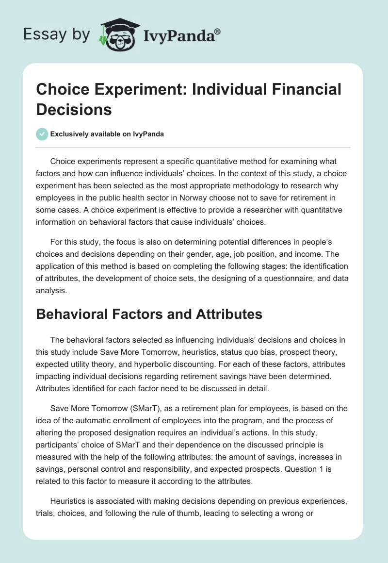 Choice Experiment: Individual Financial Decisions. Page 1