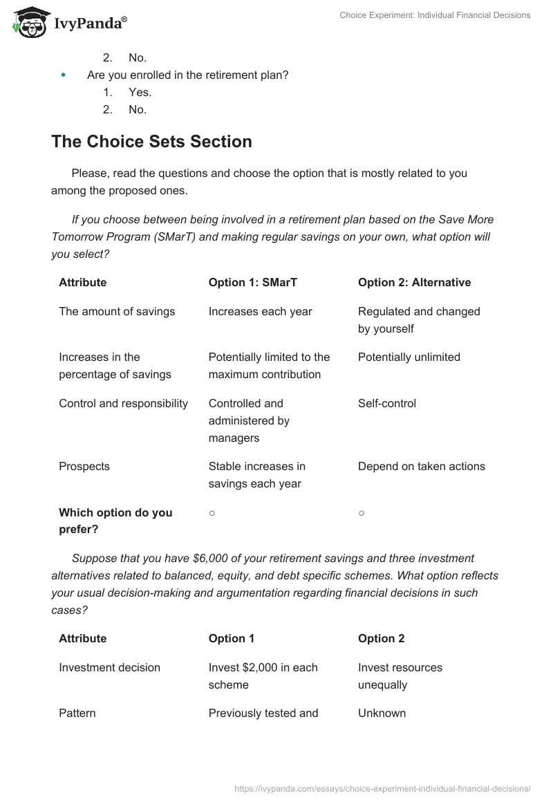 Choice Experiment: Individual Financial Decisions. Page 5