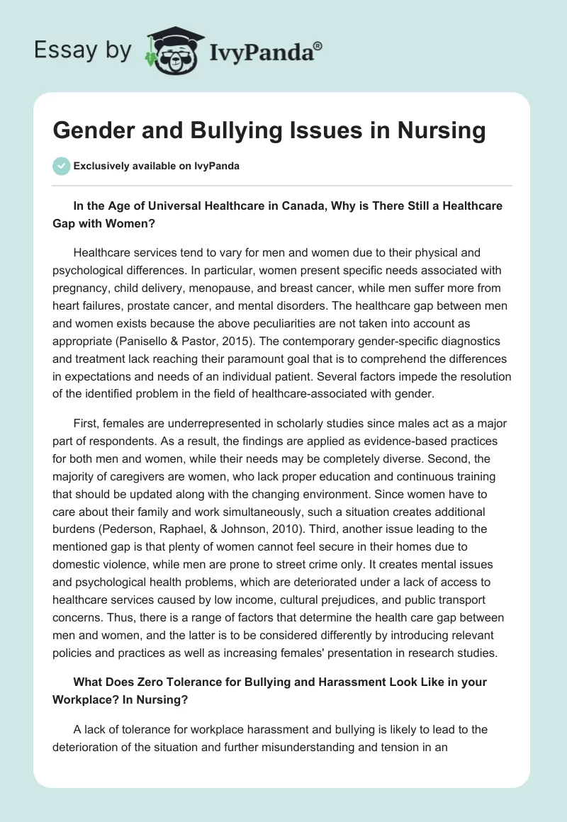 Gender and Bullying Issues in Nursing. Page 1