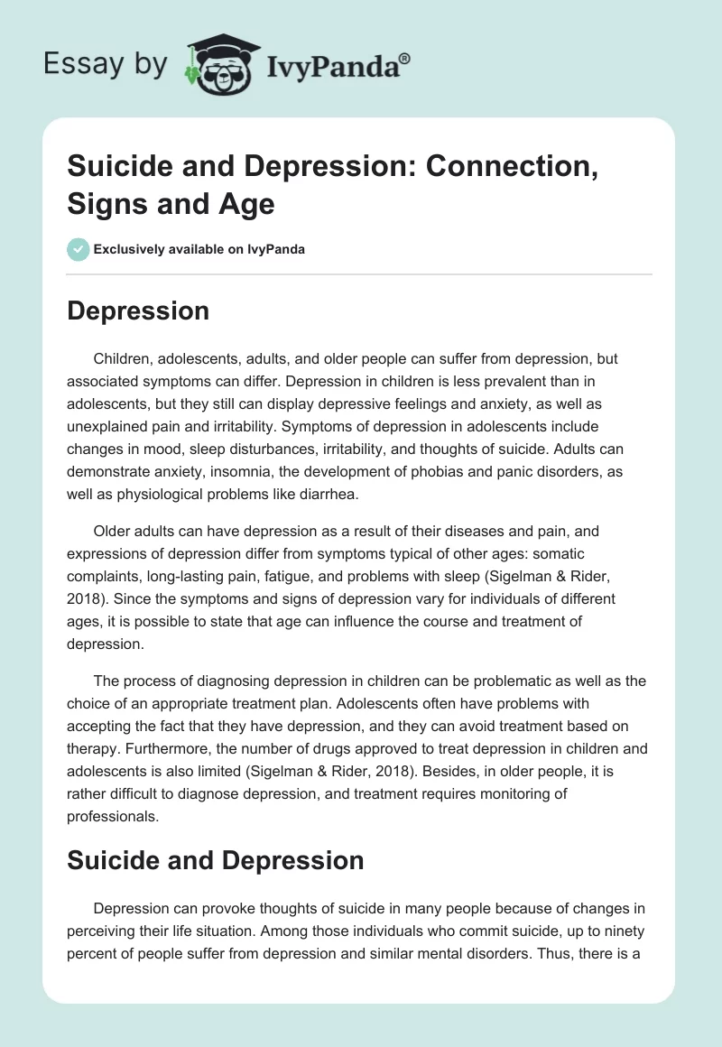 Suicide and Depression: Connection, Signs and Age. Page 1