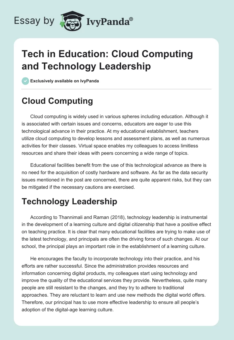 Tech in Education: Cloud Computing and Technology Leadership. Page 1