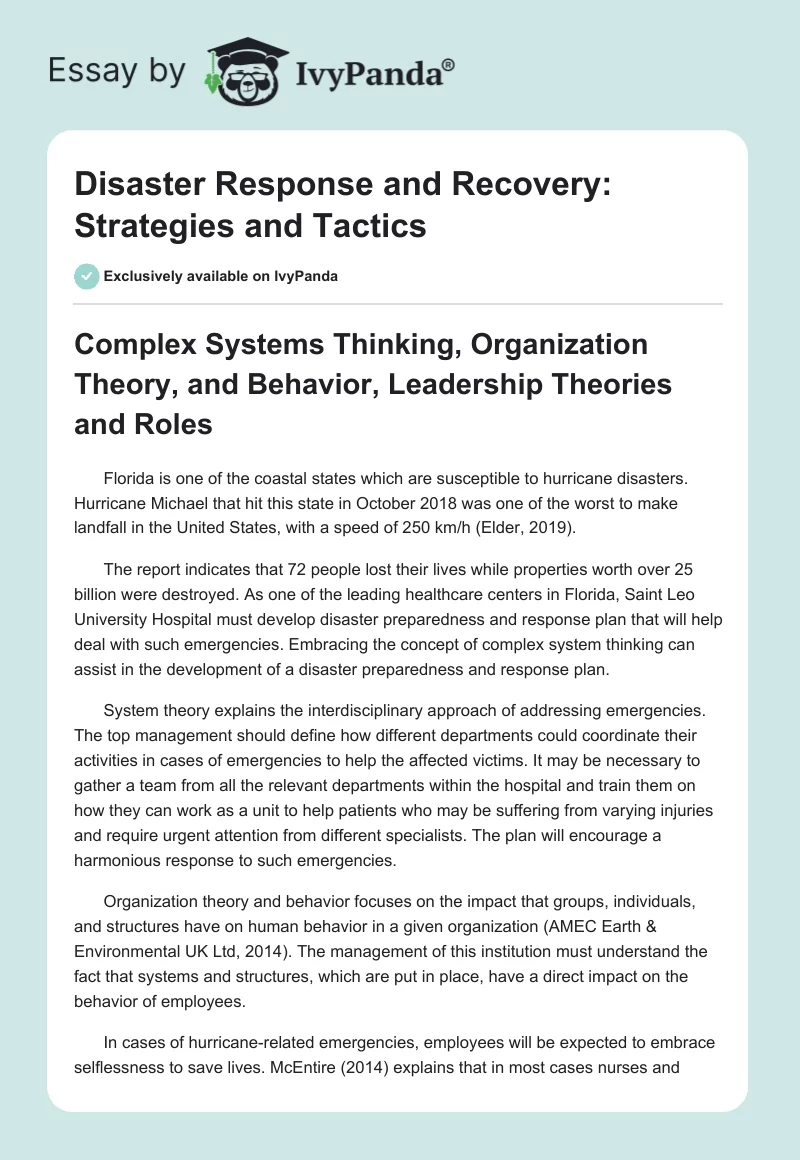 Disaster Response and Recovery: Strategies and Tactics. Page 1