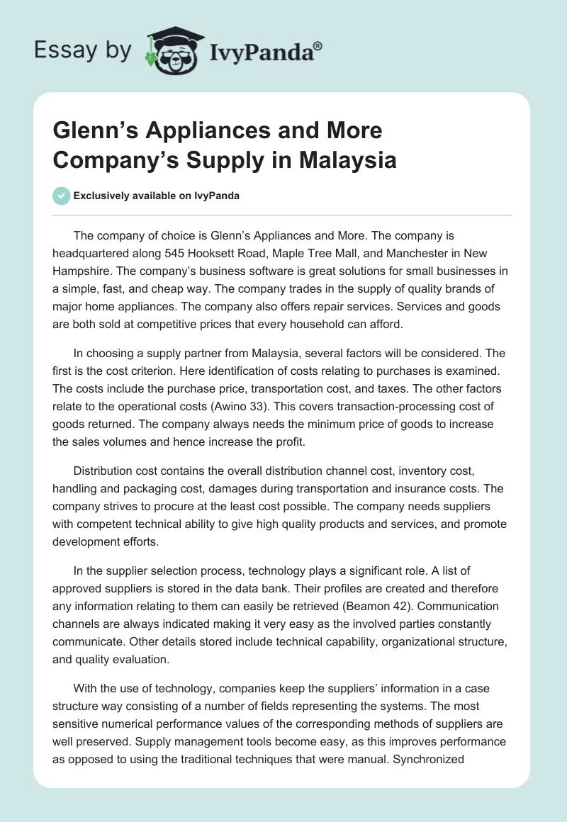 Glenn’s Appliances and More Company’s Supply in Malaysia. Page 1