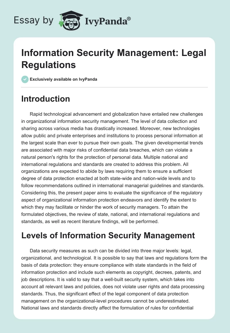 Information Security Management: Legal Regulations. Page 1