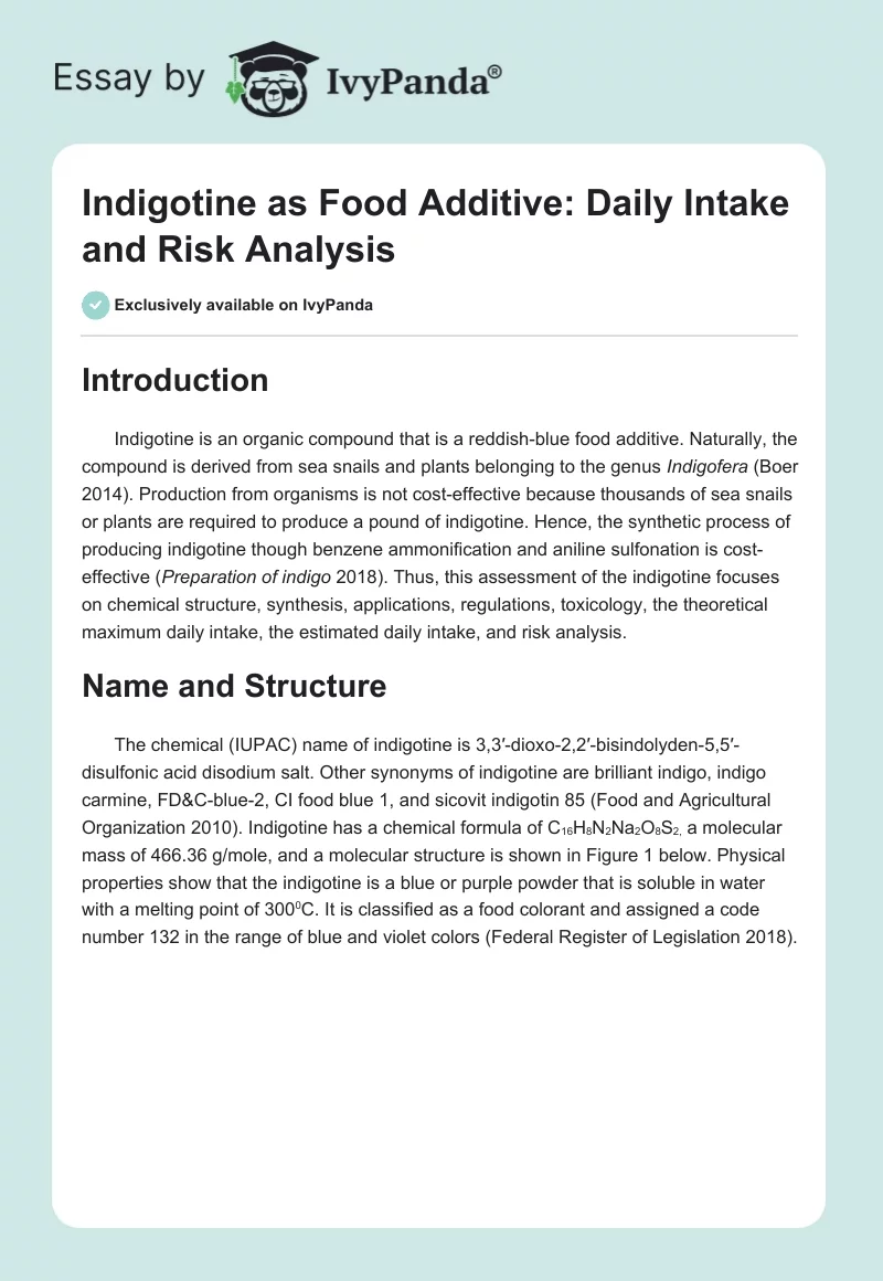 Indigotine as Food Additive: Daily Intake and Risk Analysis. Page 1