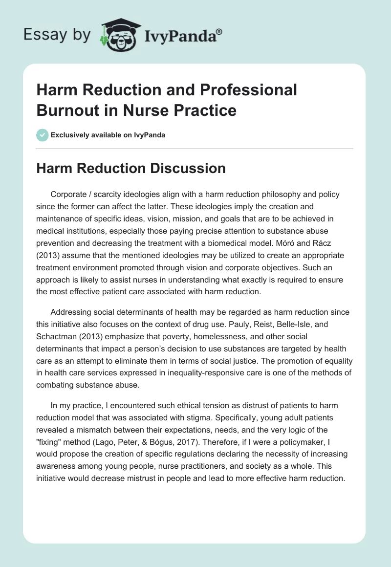 Harm Reduction and Professional Burnout in Nurse Practice. Page 1