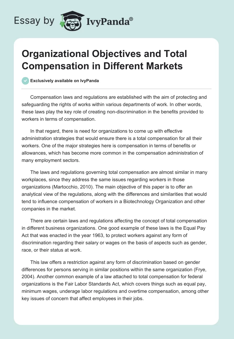 Organizational Objectives and Total Compensation in Different Markets. Page 1