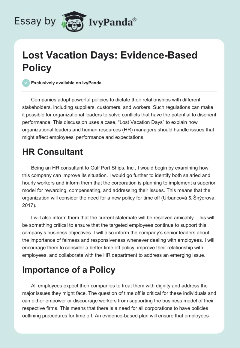 Lost Vacation Days: Evidence-Based Policy. Page 1