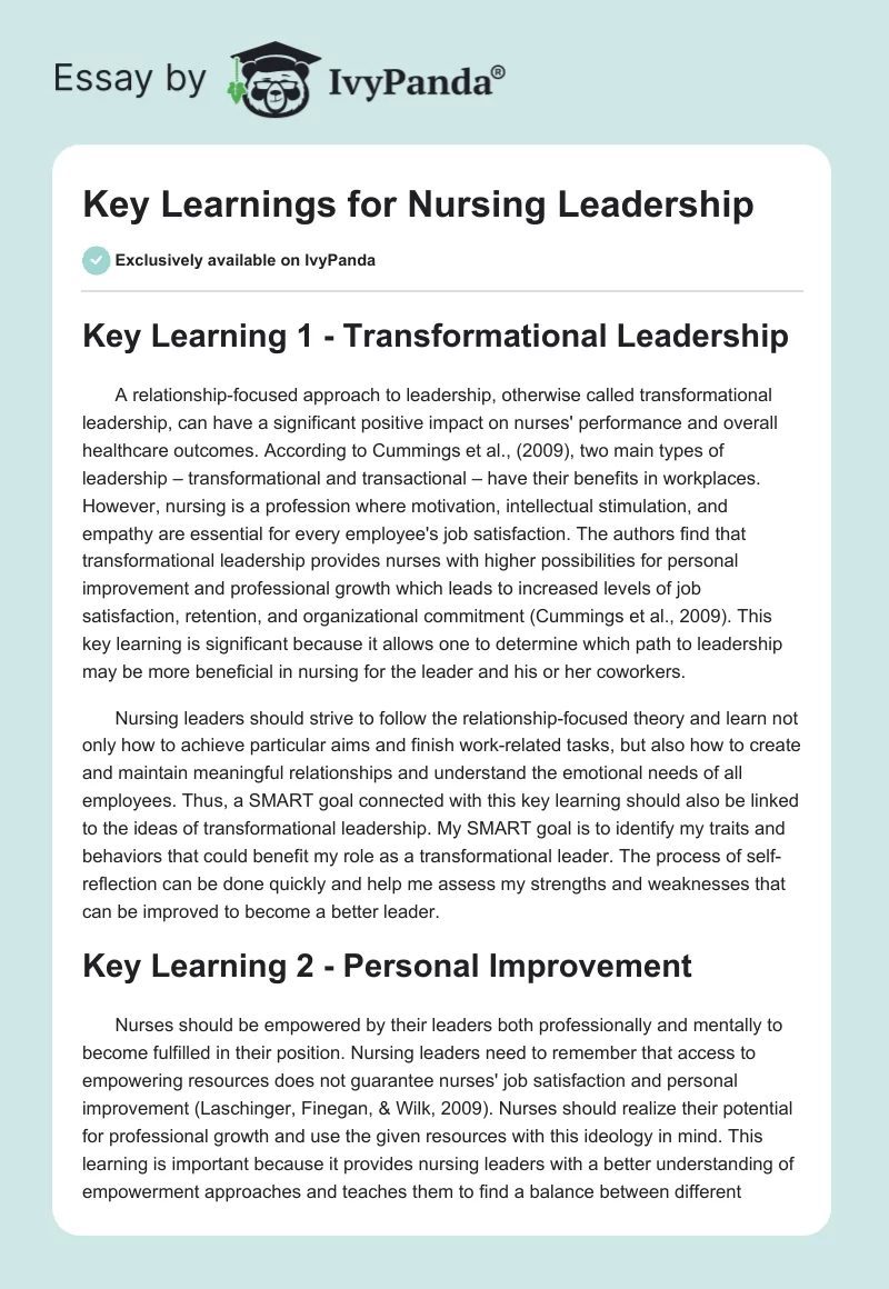Key Learnings for Nursing Leadership. Page 1