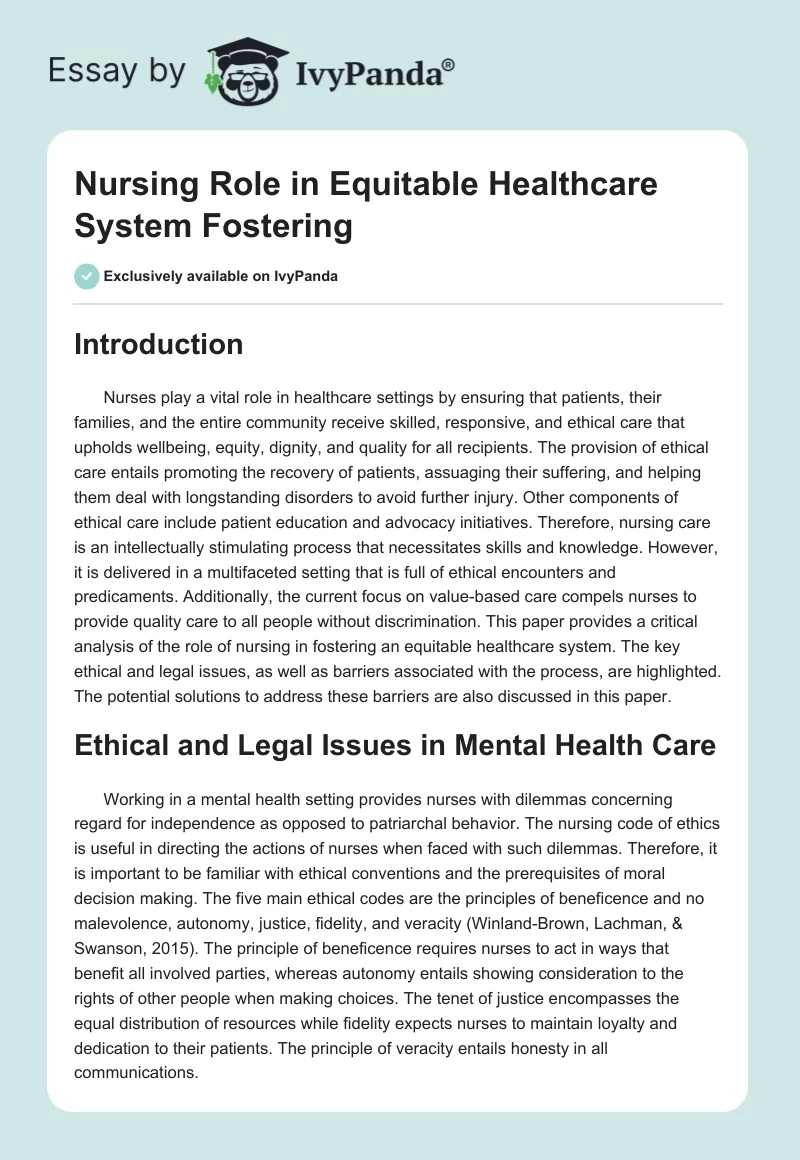 Nursing Role in Equitable Healthcare System Fostering. Page 1