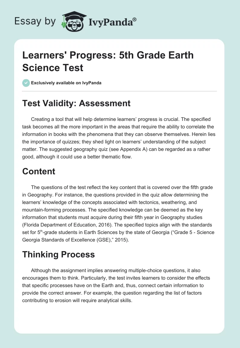 Learners' Progress: 5th Grade Earth Science Test. Page 1