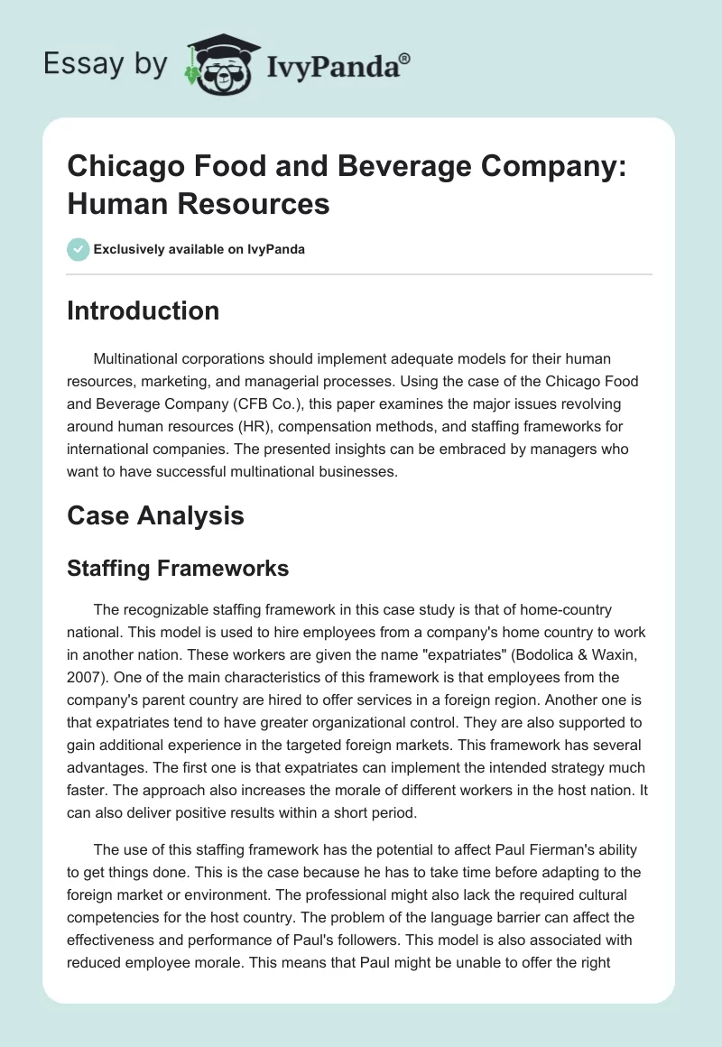 Chicago Food and Beverage Company: Human Resources. Page 1