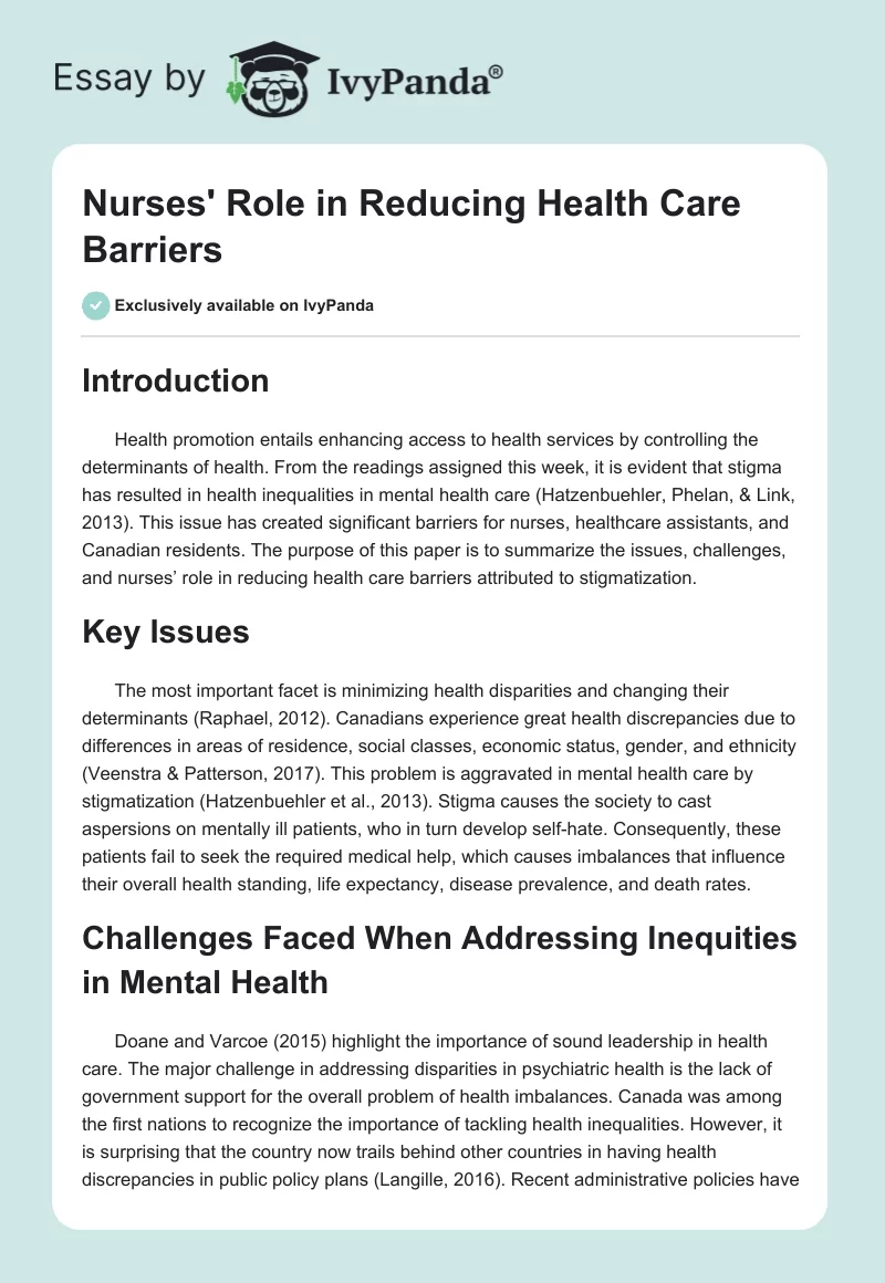 Nurses' Role in Reducing Health Care Barriers. Page 1