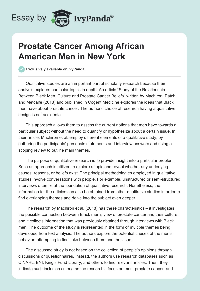 Prostate Cancer Among African American Men in New York. Page 1