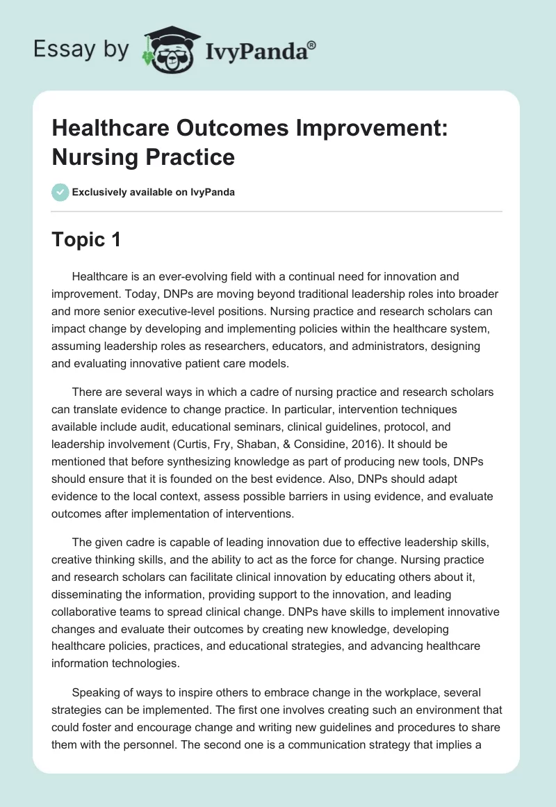 Healthcare Outcomes Improvement: Nursing Practice. Page 1