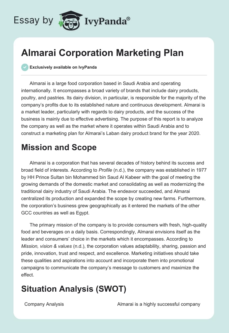 Almarai Corporation Marketing Plan. Page 1