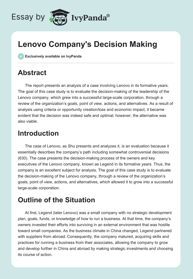 Lenovo Company's Decision Making. Page 1