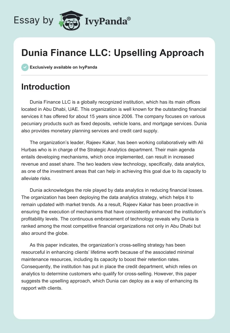 Dunia Finance LLC: Upselling Approach. Page 1