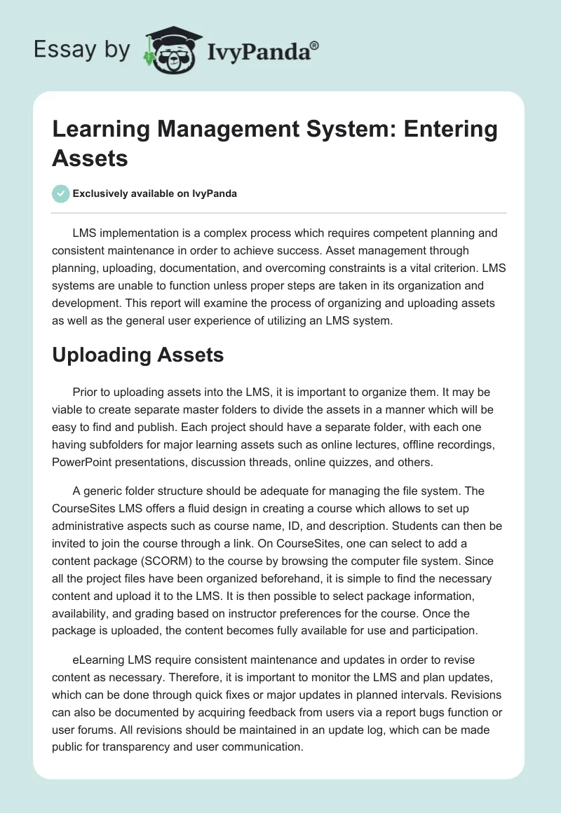 Learning Management System: Entering Assets. Page 1