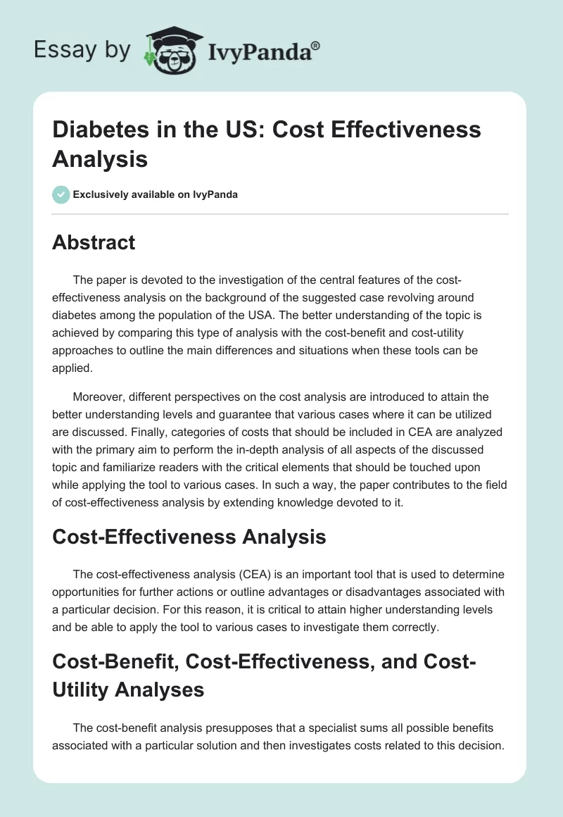 Diabetes in the US: Cost Effectiveness Analysis. Page 1