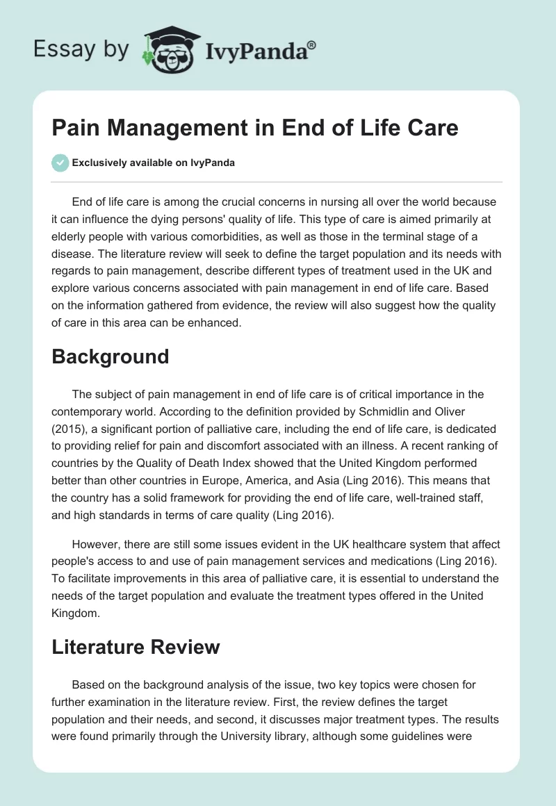 Pain Management in End of Life Care. Page 1