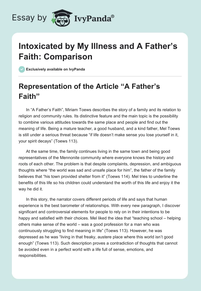 Intoxicated by My Illness and A Father’s Faith: Comparison. Page 1