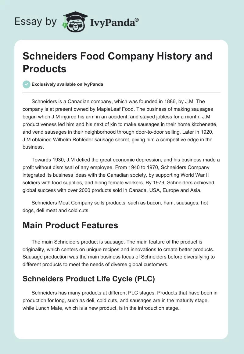 Schneiders Food Company History and Products. Page 1