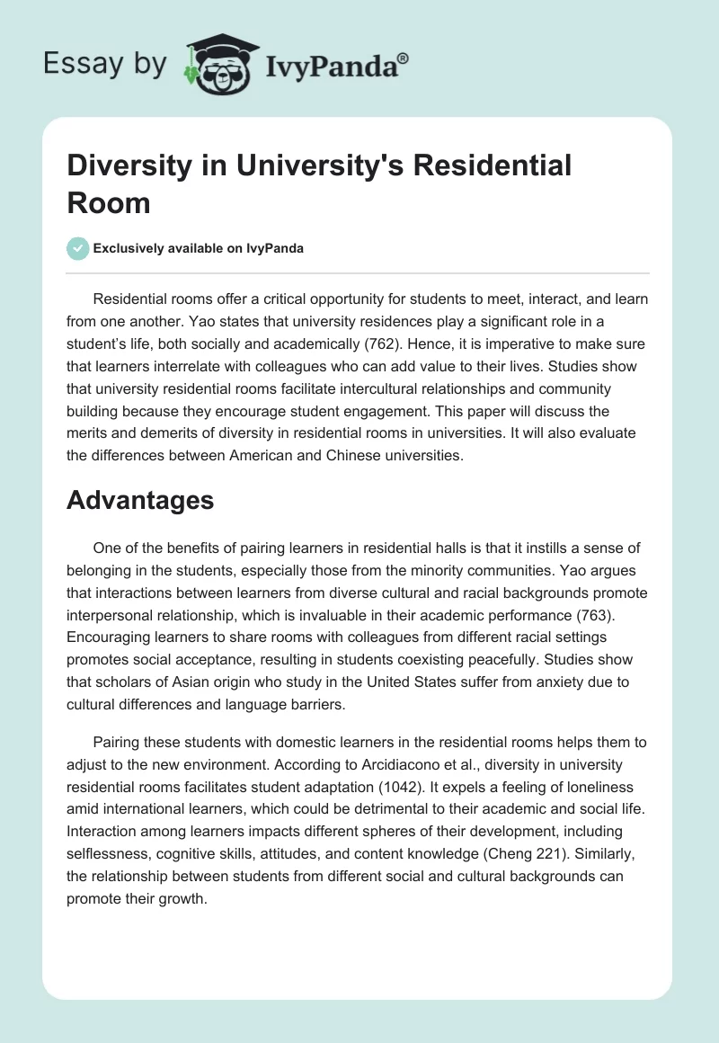 Diversity in University's Residential Room. Page 1