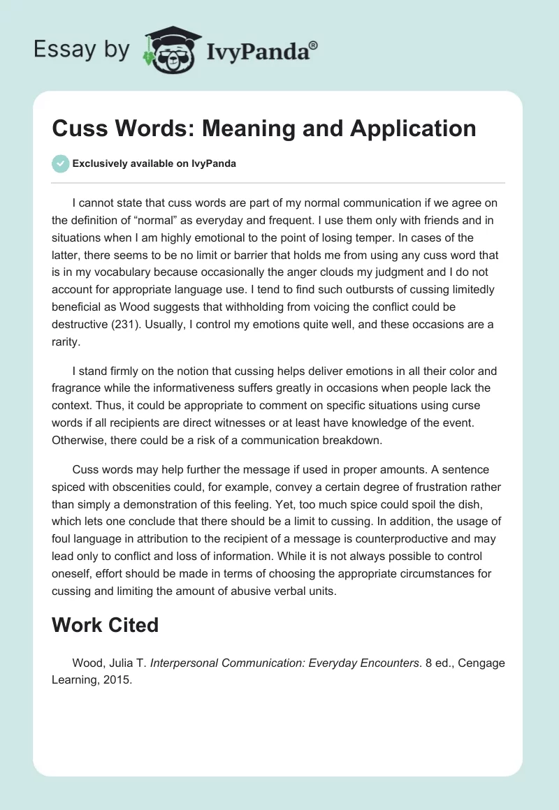 Cuss Words Meaning And Application 299 Words Essay Example