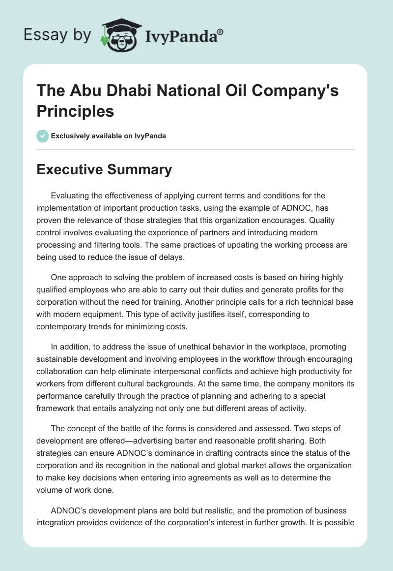 The Abu Dhabi National Oil Company's Principles. Page 1