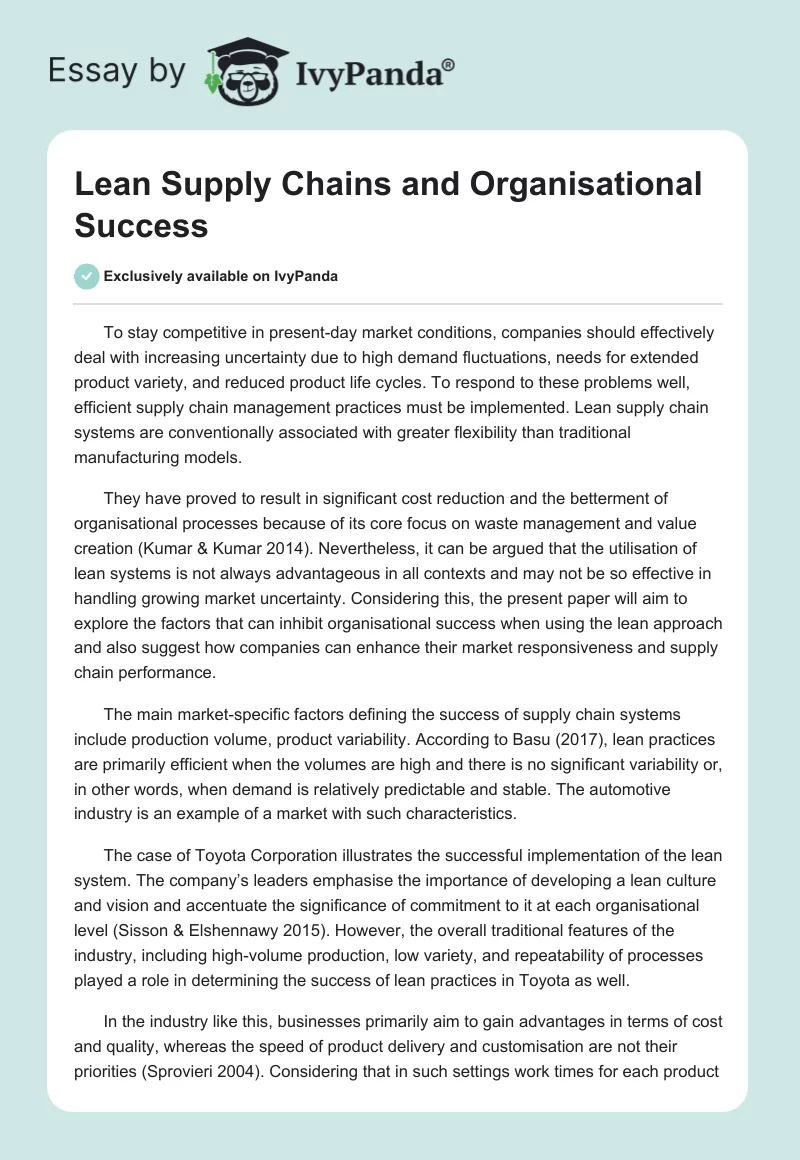 Lean Supply Chains and Organisational Success. Page 1
