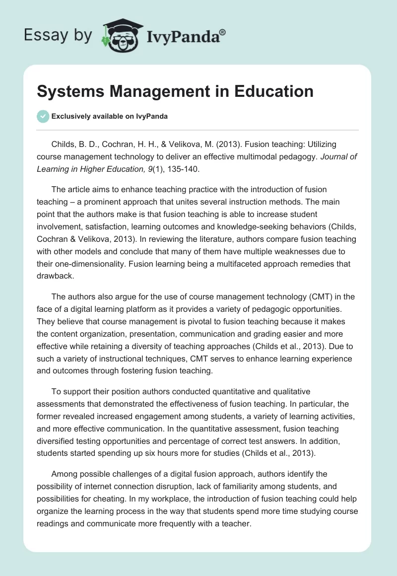 Systems Management in Education. Page 1