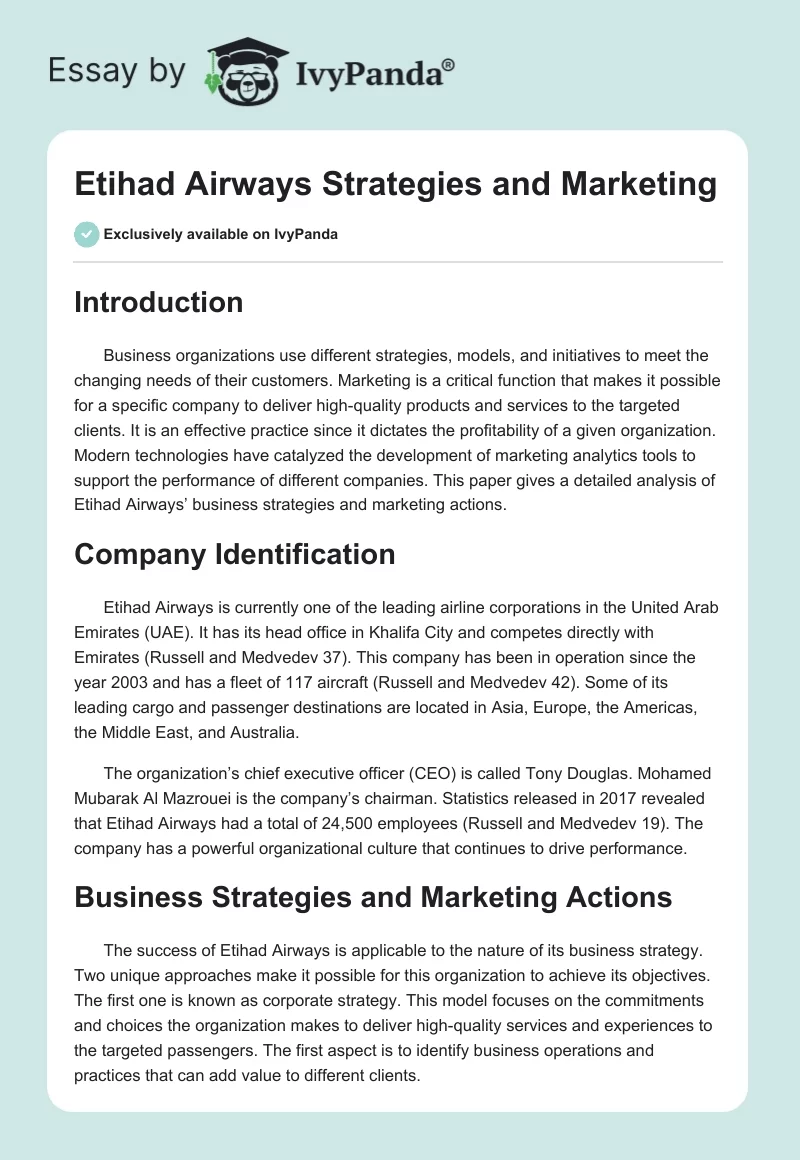 Etihad Airways Strategies and Marketing. Page 1