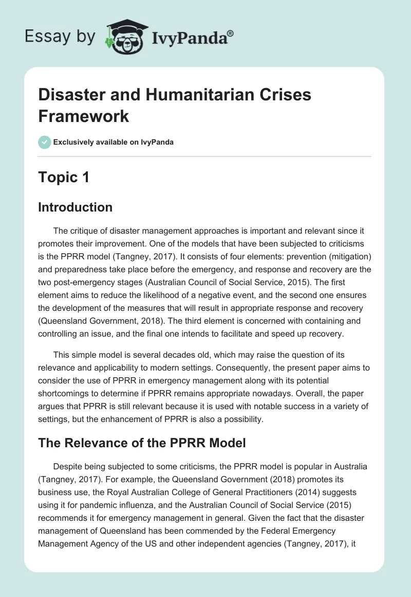 Disaster and Humanitarian Crises Framework. Page 1