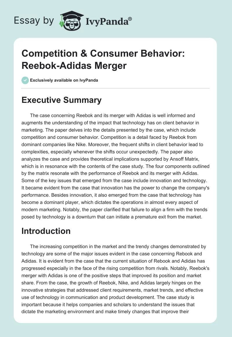 als je kunt Ongemak monster Competition & Consumer Behavior: Reebok-Adidas Merger - 2273 Words | Case  Study Example
