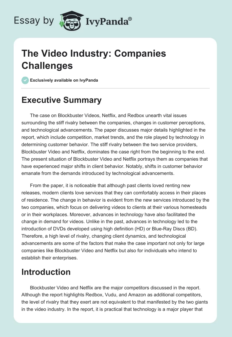 The Video Industry: Companies Challenges. Page 1