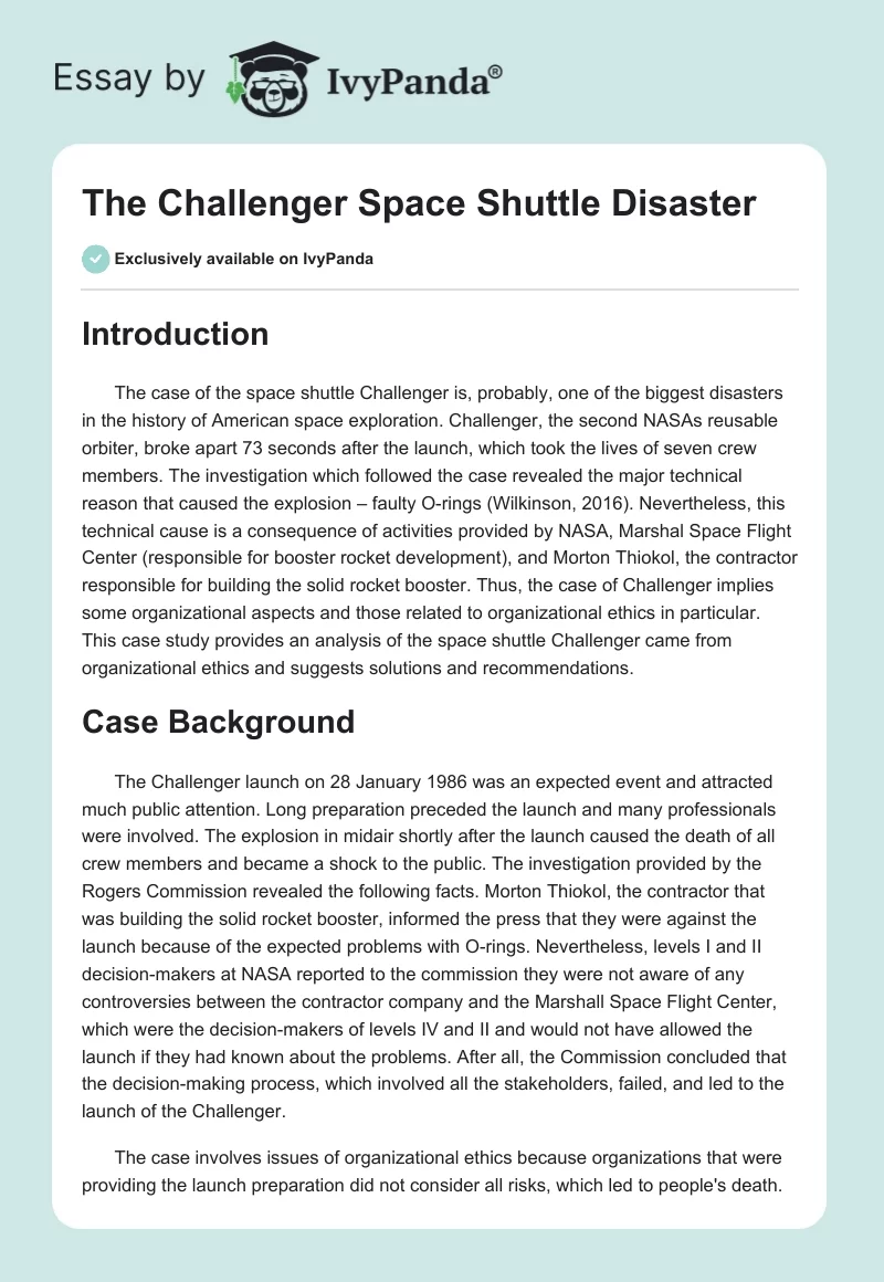 The Challenger Space Shuttle Disaster. Page 1