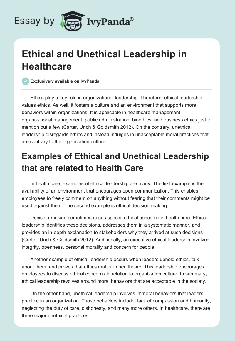 Ethical and Unethical Leadership in Healthcare. Page 1
