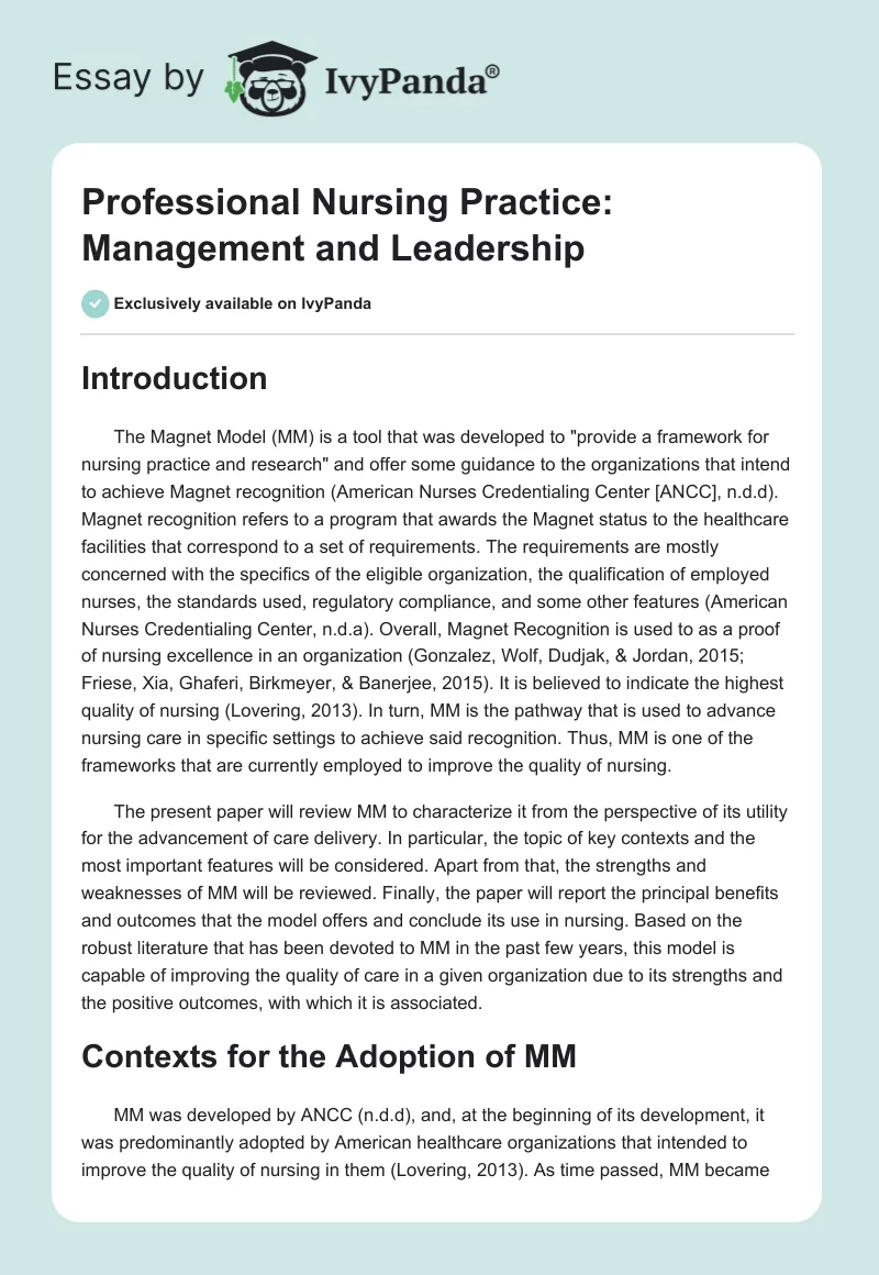 Professional Nursing Practice: Management and Leadership. Page 1