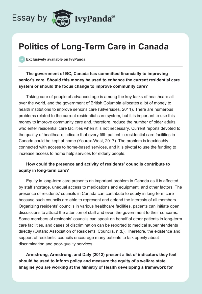 Politics of Long-Term Care in Canada. Page 1